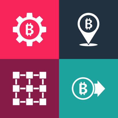 Pop Art Bitcoin, Blockchain teknolojisi ve Kripto para birimi simgesini ayarla. Vektör.