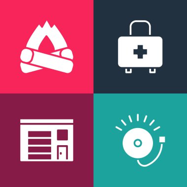 Pop sanatları alarm zilini, itfaiye binasını, ilk yardım çantasını ve Kamp Ateşi ikonunu ayarla. Vektör.