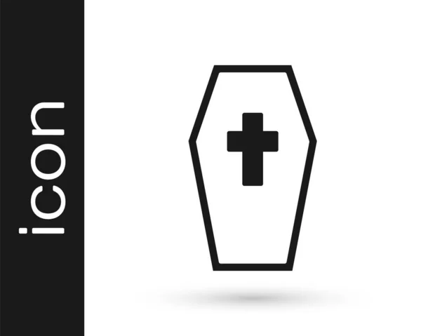 白の背景に隔離されたキリスト教の十字のアイコンを持つブラックコフィン ハッピーハロウィンパーティー ベクトル — ストックベクタ