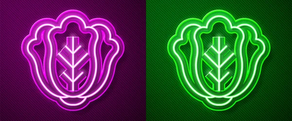 Светящийся Неоновая Линия Свежая Капуста Овощной Значок Изолирован Фиолетовом Зеленом — стоковый вектор