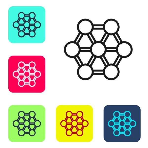 Siyah çizgi Molekül simgesi beyaz arkaplanda izole edildi. Kimya moleküllerinin yapısı, fen öğretmenlerinin yenilikçi eğitim posteri. Renkli kare düğmelerle simgeleri ayarla. Vektör.