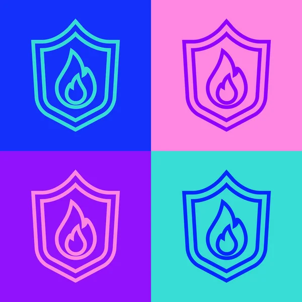 Pop Art Linie Brandschutzschild Symbol Isoliert Auf Farbigem Hintergrund Versicherungskonzept — Stockvektor