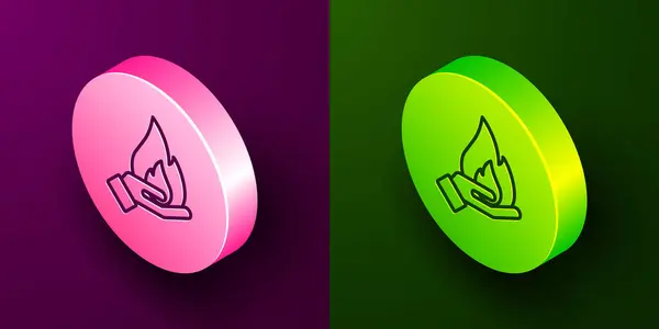 Isometric Line Hand Holding Fire Icon Isolated Purple Green Background — Stock Vector
