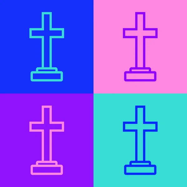 Pop Art Line Grave Cross Icon Isolated Color Background Vector — Stock Vector