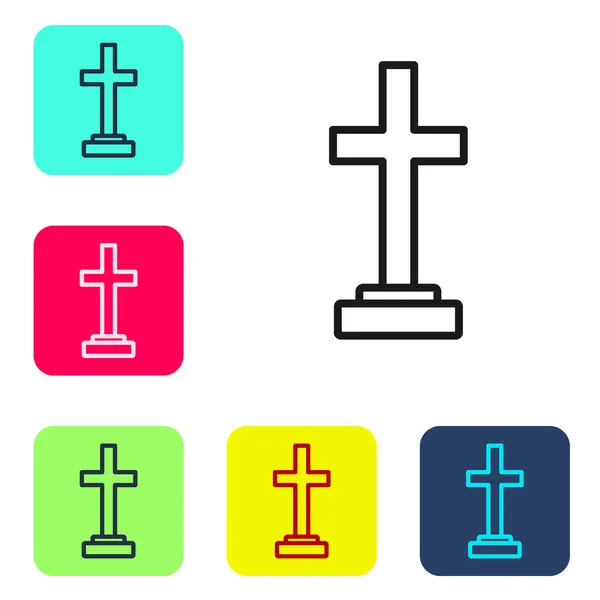 Black Line Grave Cross Icon Isolated White Background Set Icons — Stock Vector