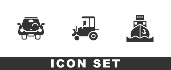 Conjunto Coche Tractor Icono Nave Carga Vector — Vector de stock