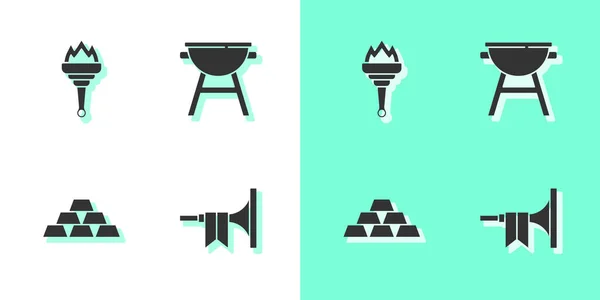 Set Trumpet Torch Flame Gold Bars Barbecue Grill Icon Vector — Stock Vector