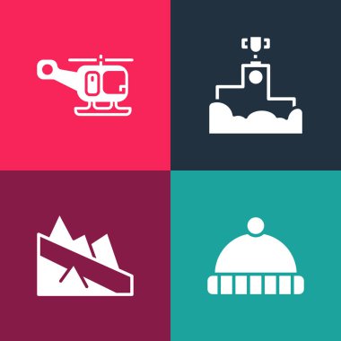 Popüler sanat eseri kış şapkası, dağ inişi, ödüllü podyum ve kurtarma helikopteri ikonu. Vektör.