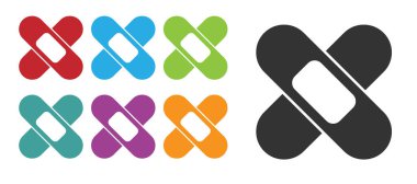 Siyah Haç bandaj alçı ikonu beyaz arka planda izole edildi. Tıbbi alçı, yapıştırıcı bandaj, esnek kumaş bandajı. Simgeleri renklendirin. Vektör.