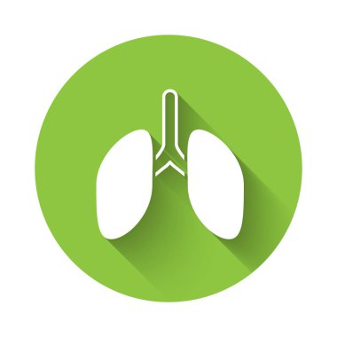 Beyaz Akciğerler simgesi uzun gölgeli izole edilmiş. Yeşil daire düğmesi. Vektör.