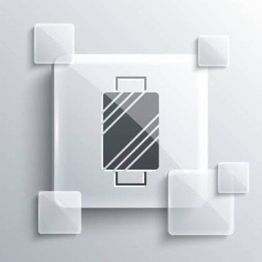 Gri arkaplanda gri renkli sembol üzerindeki gri dikiş ipliği. İplik makarası. İplik kutusu. Kare cam paneller. Vektör.