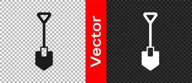 Şeffaf arkaplanda siyah kürek simgesi izole edildi. Bahçe aletleri. Bahçecilik, tarım, çiftçilik aleti. Vektör.