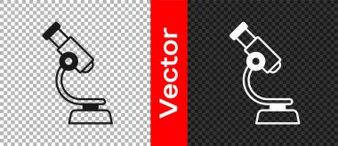 Şeffaf arkaplanda siyah mikroskop simgesi izole edildi. Kimya, ilaç aleti, mikrobiyoloji büyütme aracı. Vektör.