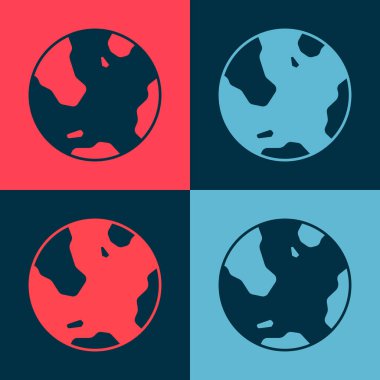 Pop Art Earth dünya ikonu renk arkaplanında izole edildi. Dünya ya da Dünya işareti. Küresel internet sembolü. Geometrik şekiller. Vektör.