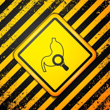 Sarı arka planda izole edilmiş büyüteç simgesi olan siyah insan midesi. Uyarı işareti. Vektör.