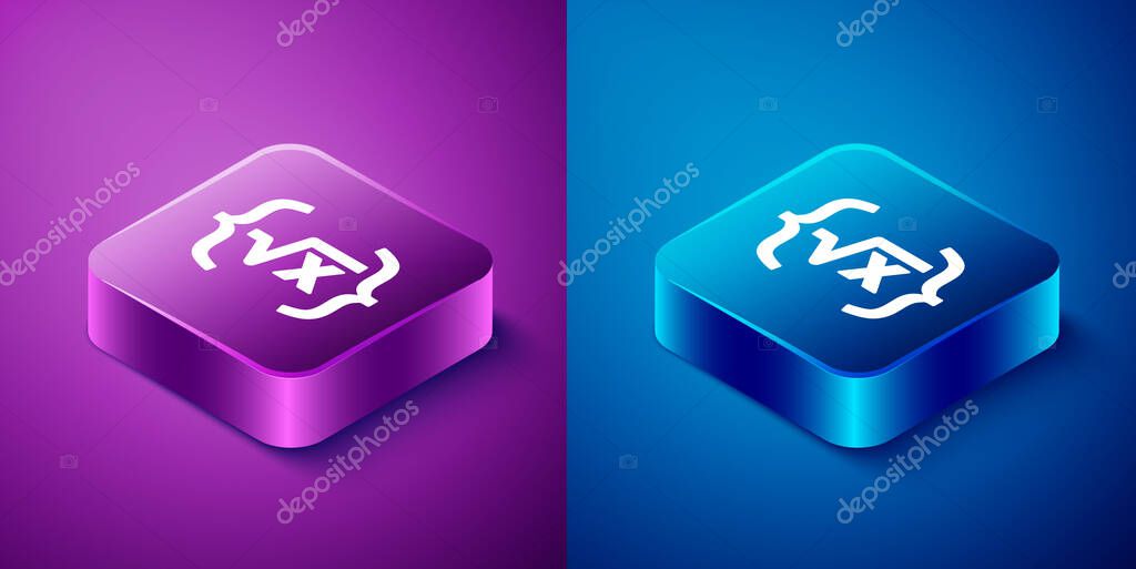 Isometric Square root of x glyph icon isolated on blue and purple background. Mathematical expression. Square button. Vector.