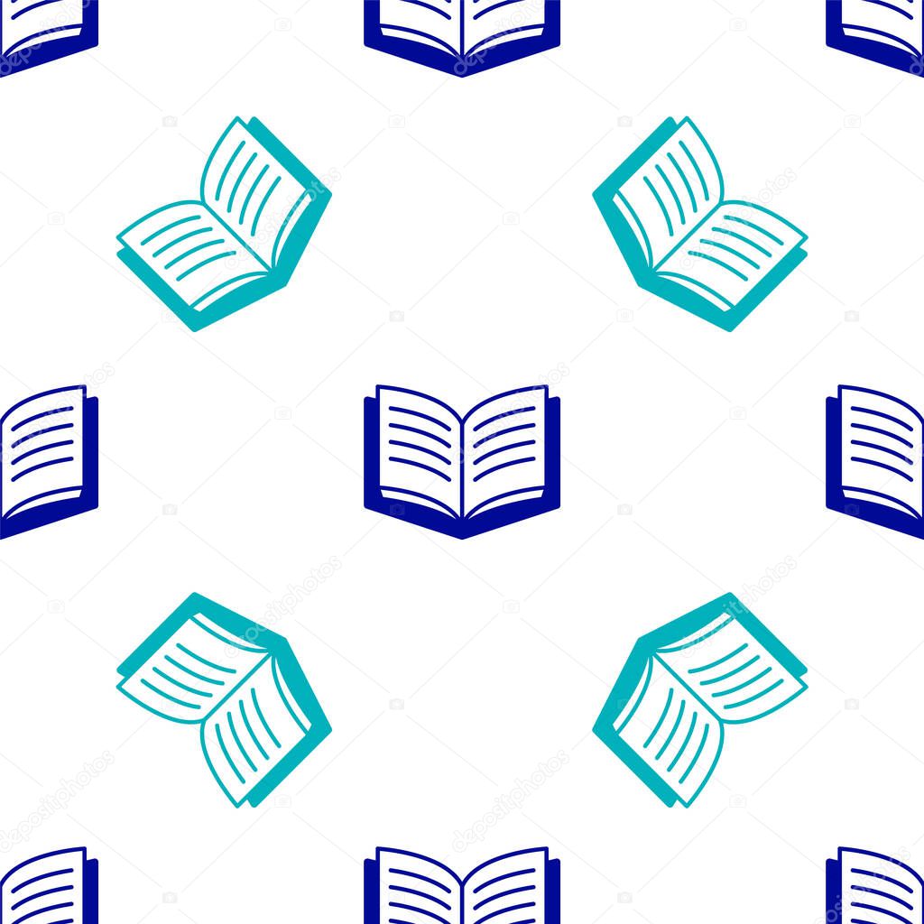 Blue Open book icon isolated seamless pattern on white background.  Vector.