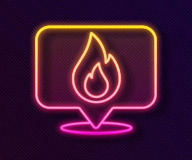 Siyah arkaplanda izole edilmiş ateş alev ikonu olan parlak neon çizgili harita işaretçisi. Yakında yangın var. Vektör.