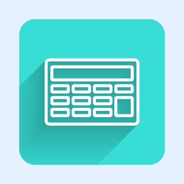Beyaz çizgi hesap makinesi simgesi uzun gölgeli izole edildi. Muhasebe sembolü. İş hesaplamaları matematik eğitimi ve finans. Yeşil kare düğmesi. Vektör.