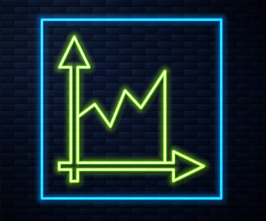 Parlak neon çizgisi Grafik, çizelge, grafik, diyagram, bilgi grafiği, pasta grafik simgesi tuğla duvar zemininde izole edilmiş. Vektör.