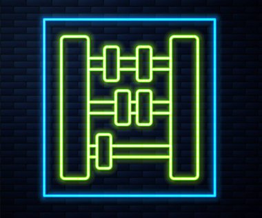 Parlayan neon hattı Abaküs simgesi tuğla duvar arkasında izole edildi. Geleneksel sayım çerçevesi. Eğitim işareti. Matematik okulu. Vektör.