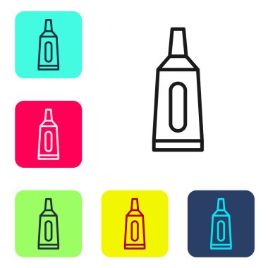 Beyaz arka planda siyah çizgi krem tüp tıp ikonu izole edildi. Tüp, kap, diş macunu, krem rengi. Renkli kare düğmelerle simgeleri ayarla. Vektör.