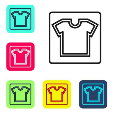 Siyah çizgi dikiş kalıbı simgesi beyaz arkaplanda izole edildi. Dikiş için işaretler. Renkli kare düğmelerle simgeleri ayarla. Vektör.