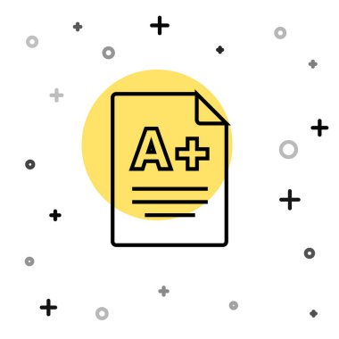 Beyaz arkaplanda A + sınıfı simgesi olan siyah çizgi sınav kağıdı. Sınav kağıdı, sınav ya da araştırma konsepti. Sınav ya da sınav. Rastgele dinamik şekiller. Vektör.