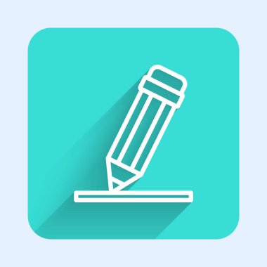 Silgi simgesi uzun gölgeli beyaz çizgi kalem. Çizim ve eğitim araçları. Okul sembolü. Yeşil kare düğmesi. Vektör.