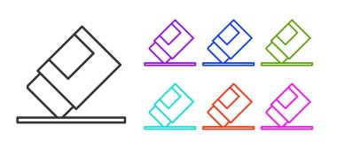Beyaz arkaplanda siyah çizgi silici ya da kauçuk simgesi var. Simgeleri renklendirin. Vektör.