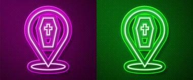 Parlak neon hattı Tabut ve Hıristiyan haç simgesi mor ve yeşil arka planda izole edilmiş. Mutlu Cadılar Bayramı Partisi. Vektör.