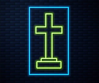 Parlayan neon çizgisi Grave, tuğla duvar arka planında çapraz simge izole. Vektör.