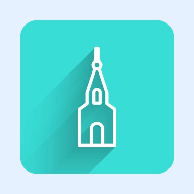 Beyaz çizgi kilise ikonu uzun gölgeli izole edilmiş. Hıristiyan Kilisesi. Kilisenin dini. Yeşil kare düğmesi. Vektör.
