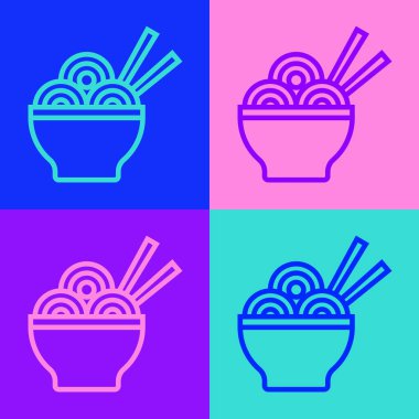 Tabakta Asya eriştesi ve yemek çubukları ikonu renkli arka planda izole edilmiş. Sokak yemeği. Kore, Japon, Çin yemekleri. Vektör.