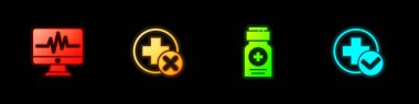Monitörü kardiyograma ayarla, Cross hastanesi sağlık, ilaç şişesi ve ikon. Vektör.