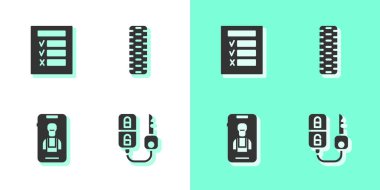 Anahtarı uzaktan kumandalı, denetimli, çevrimiçi araba servisli ve tekerlek ikonlu ayarla. Vektör.