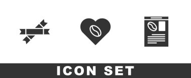 Şeker paketleri, kahve aşıkları, gazete ve kahve ikonu hazırla. Vektör.