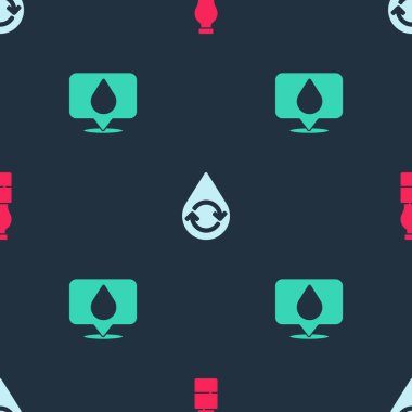 Bir şişe su, temiz su ve su damlalarını geri dönüşümlü olarak kusursuz bir şekilde yerleştirin. Vektör.