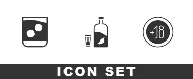 Bir bardak viski, biberli votka ve 18 'lik alkol artı ikon. Vektör.