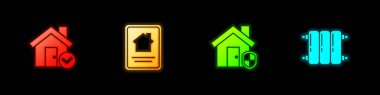 House 'u Mark ile ayarla, online emlak evi, koruma ve ısıtma kaloriferi ikonu altında. Vektör.