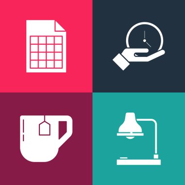 Pop Sanat Masası lambası, çay poşetli bir fincan çay, Saat ve Dosya belgesi simgesi. Vektör.