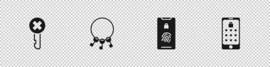 Yanlış anahtar, bir sürü anahtar, parmak izi taraması ve grafik parola simgesi olan mobil anahtar ayarla. Vektör.