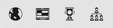 Dünya küresi, sohbet mesajlarını dizüstü bilgisayara, ödül kupasına ve Hiyerarşi organogram grafik simgesine ayarla. Vektör.