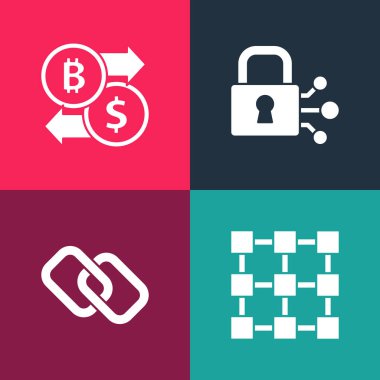 Pop Art Blockchain teknolojisini, zincir bağlantısını, Bitcoin ve Kripto Döviz Simgesiyle Kilitleyin. Vektör.