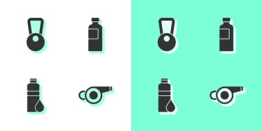 Düdük, Kettlebell, fitness sallayıcısı ve ikon ayarlayın. Vektör.