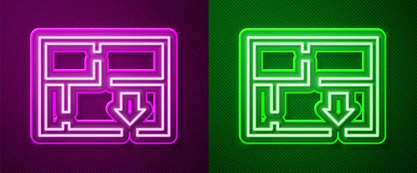 Glowing Neon Line Evacuation Plan Icon Isolated Purple Green Background — Stock Vector