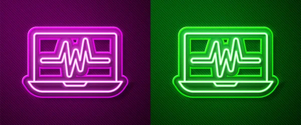 Gloeiende Neon Lijn Laptop Met Cardiogram Pictogram Geïsoleerd Paarse Groene — Stockvector