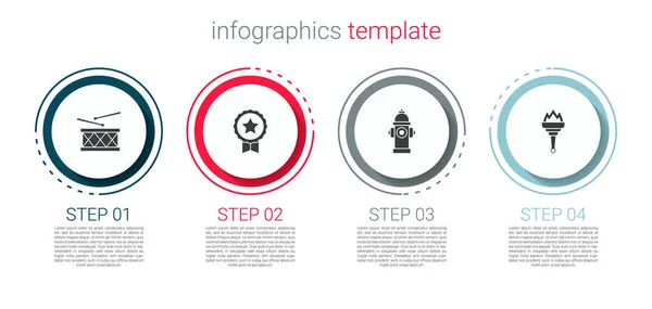 Встановіть Барабанні Барабанні Палички Медаль Зіркою Вогняний Гідрант Полум Факела — стоковий вектор
