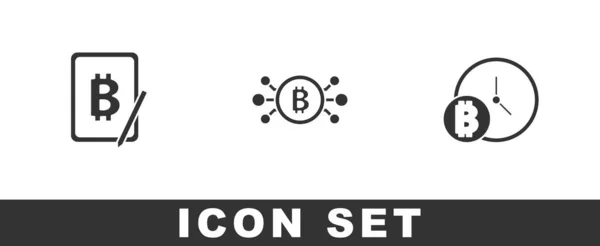 Set Mining Bitcoin Von Tablet Bitcoin Schaltung Und Mit Uhr — Stockvektor