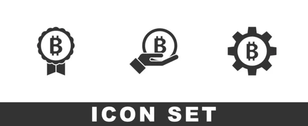 Establecer Bitcoin Celebración Mano Criptomoneda Icono Vector — Vector de stock